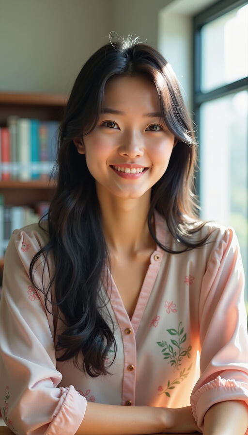 도서관에서 미소 짓고 있는 여자