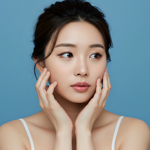 젊은 여자가 얼굴에 손을 얹고 있음
