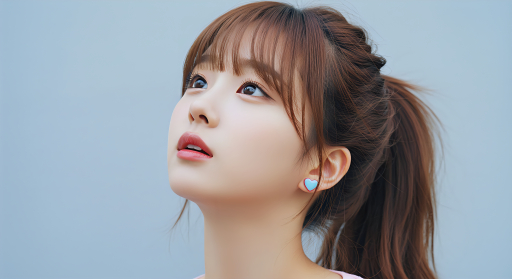 포니테일 머리를 한 젊은 여자가 올려다보는 모습
