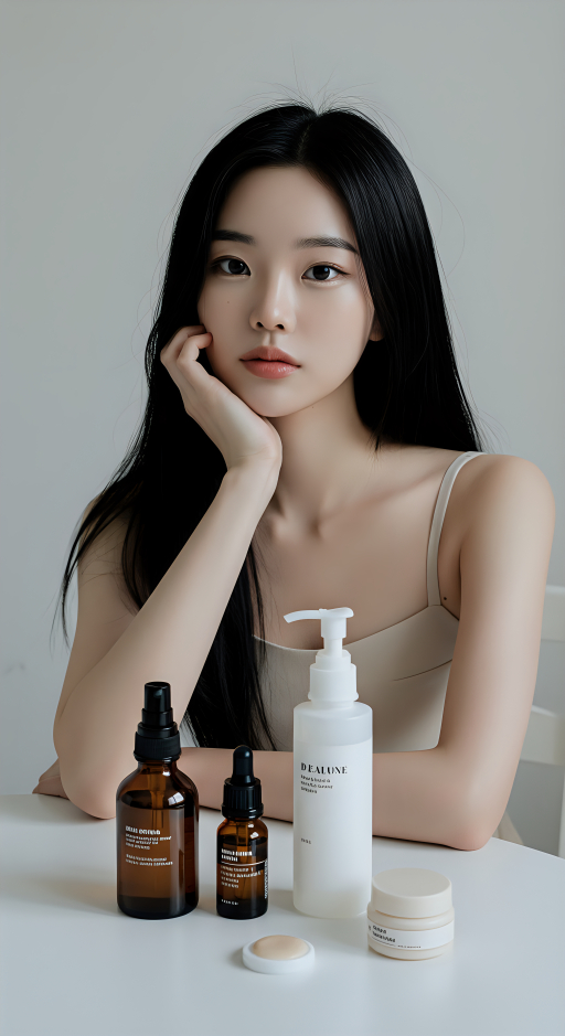 스킨케어 제품을 가진 여성