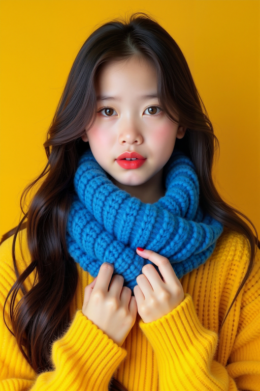 노란 스웨터와 파란 굵직한 니트 스카프를 입은 젊은 여성.