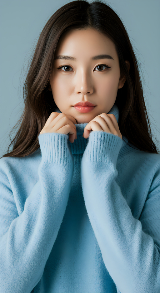 turtleneck 니트 입은 젊은 여성