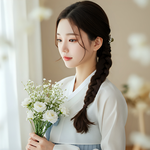 한복을 입고 흰 꽃다발을 들고 있는 여성 