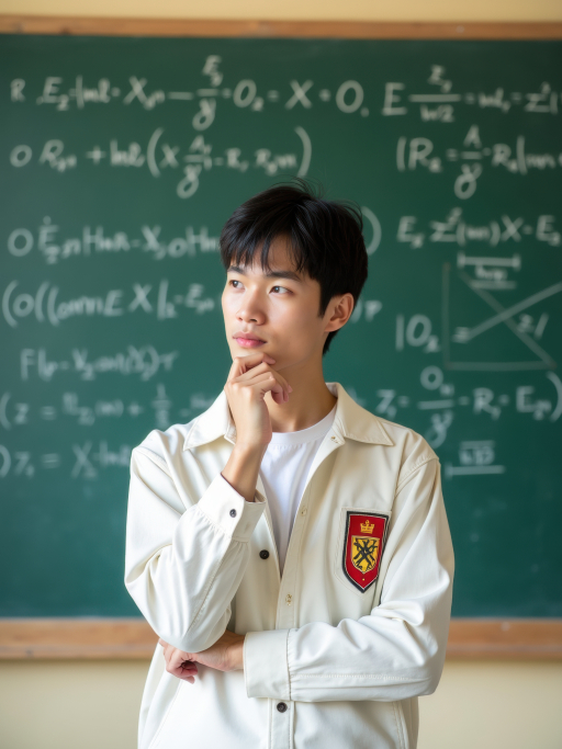 보드에 적힌 것을 생각하는 젊은 남자