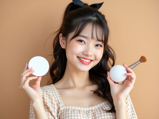 젊은 여자가 메이크업 도구를 들고 있음