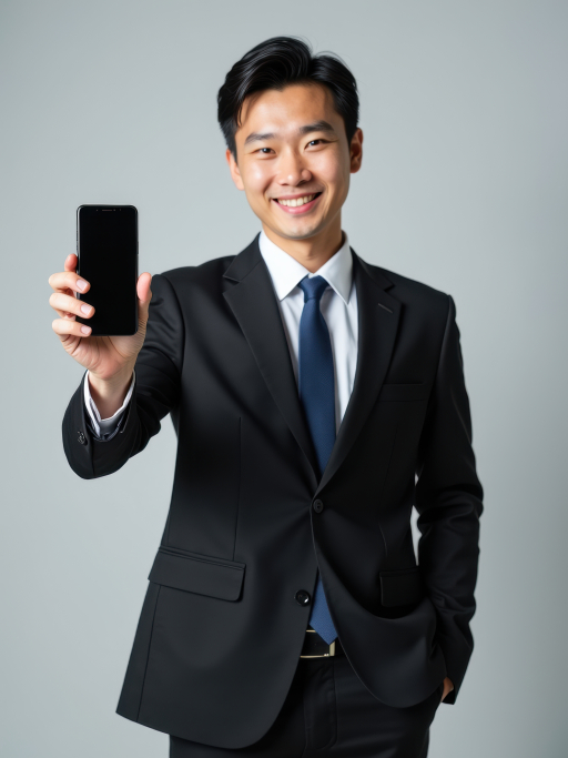 정장을 입은 남자가 스마트폰을 들고 있음