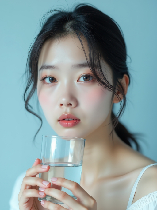 젊은 여자가 물 마시고 있음