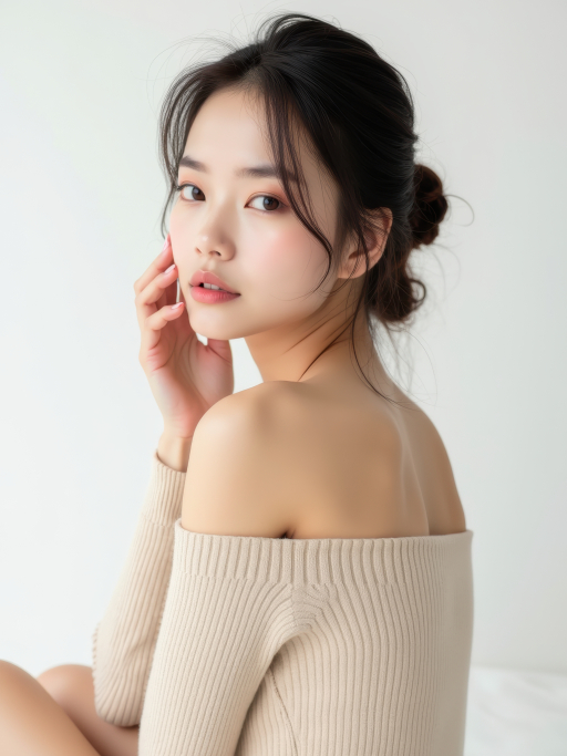 어깨 드러나는 스웨터 입은 젊은 여성
