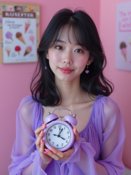 분홍 알람시계를 들고 있는 젊은 여성