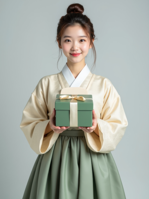 전통 한복을 입은 젊은 여성이 선물을 들고 있다.