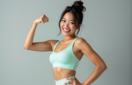 스포츠 브라를 입은 미소 짓는 여성