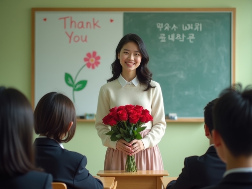 교실에서 꽃다발을 들고 있는 학생.