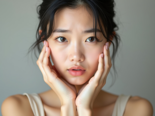 얼굴에 손을 얹은 젊은 여성