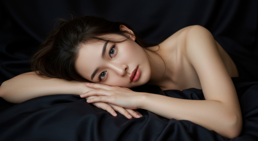실크 천에 기대는 여성