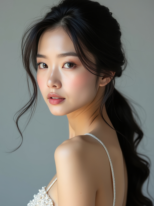 긴 검은 머리를 가진 아름다운 여성.