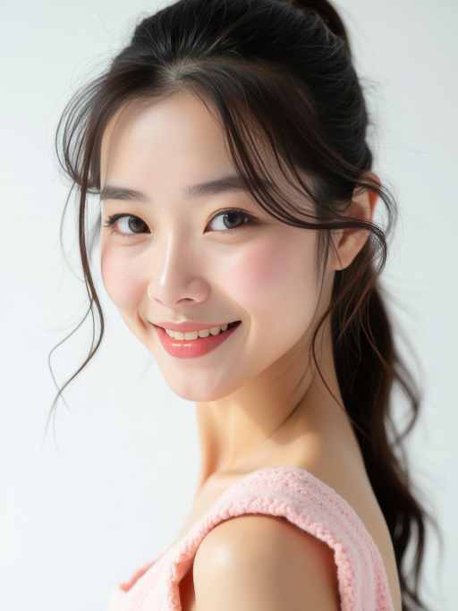 긴 짙은 검은 머리와 미소를 가진 젊은 여성