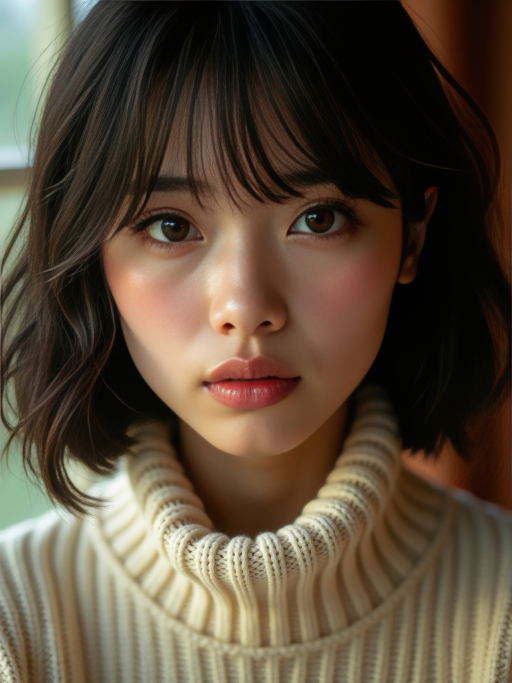 크림색 터틀넥 스웨터 입은 젊은 여성.