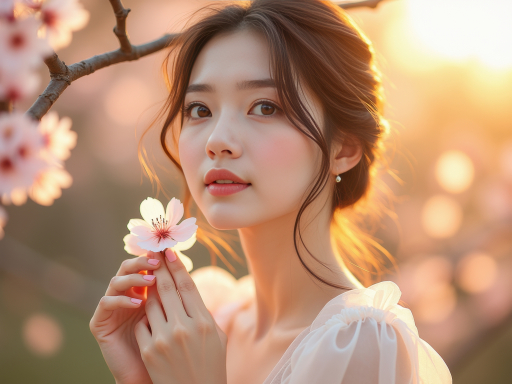 벚꽃을 들고 있는 젊은 여성