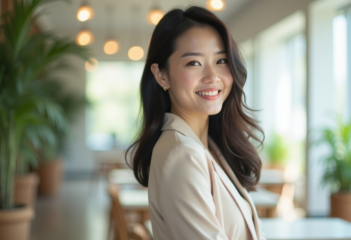 베이지색 셔츠를 입은 미소짓는 여성
