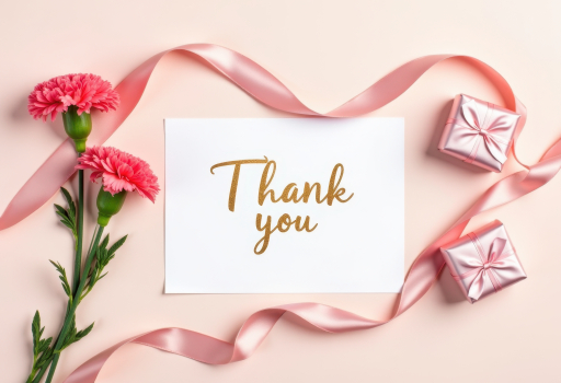 흰색 카드와 분홍 리본 및 선물 상자