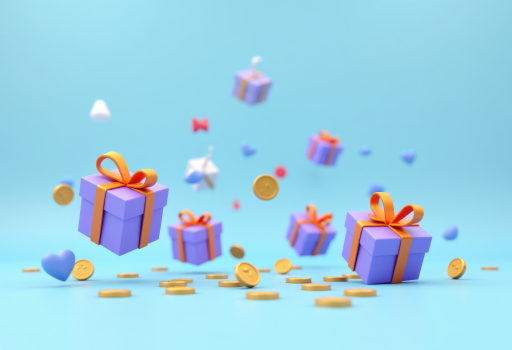 동전이 있는 파란색 선물 상자