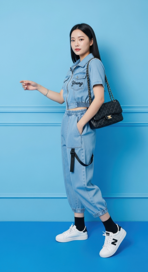 데님 앞치마를 입은 젊은 여성