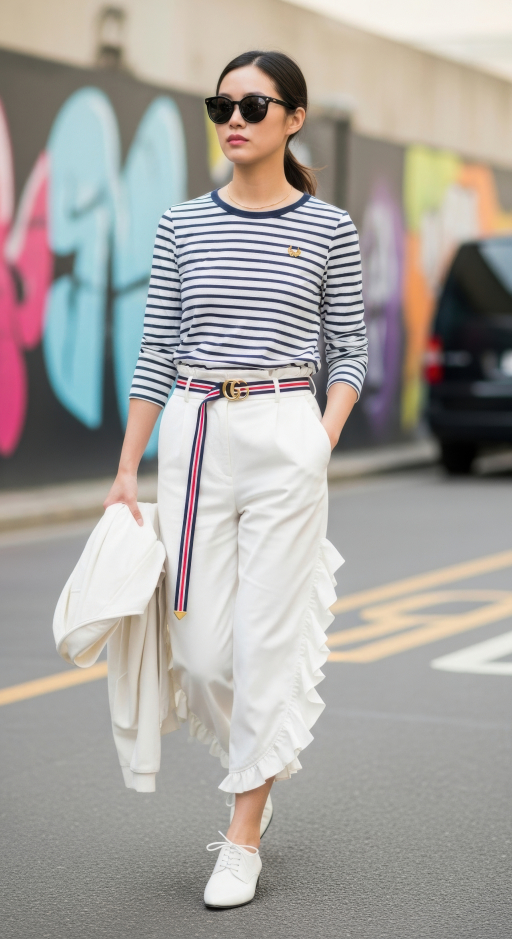 줄무늬 셔츠와 흰 바지 입은 여자