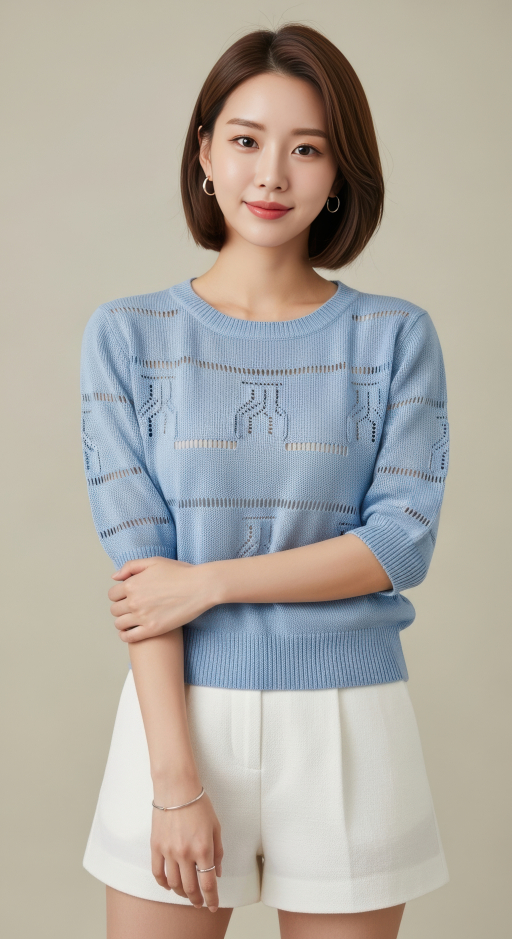 밝은 파란색 니트 스웨터 입은 젊은 여성