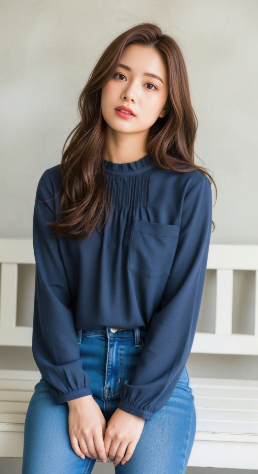 파란색 상의와 청바지 입은 여자