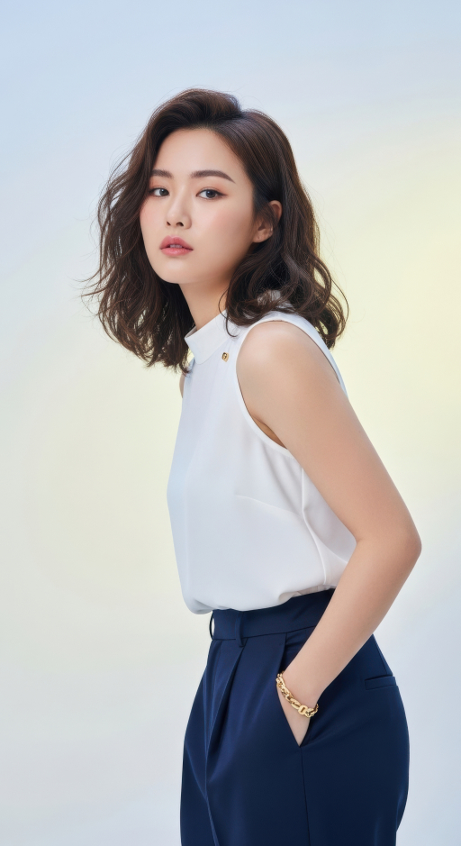 흰색 상의와 네이비 바지 입은 여성