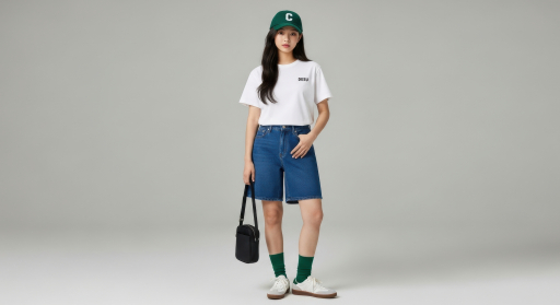 데님 숏츠와 흰색 티셔츠를 입은 여성.