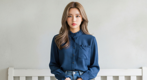 파란색 셔츠를 입은 젊은 여성