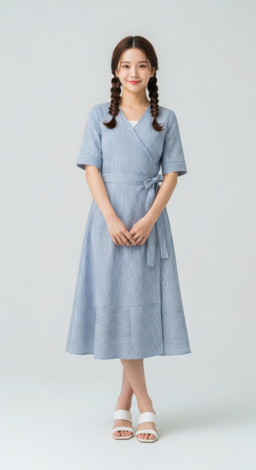 파스텔색 줄무늬 파란색과 흰색 드레스 입은 여성