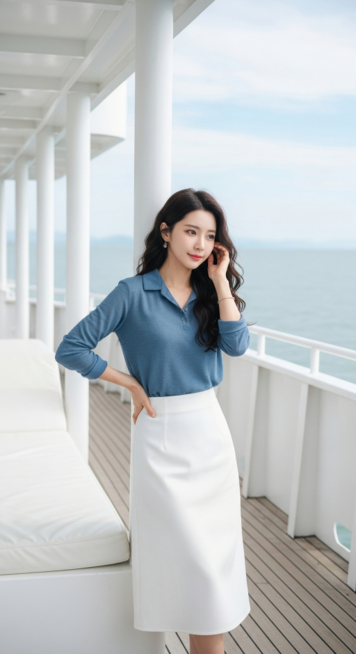 파란색 셔츠와 흰색 스커트 입은 여성