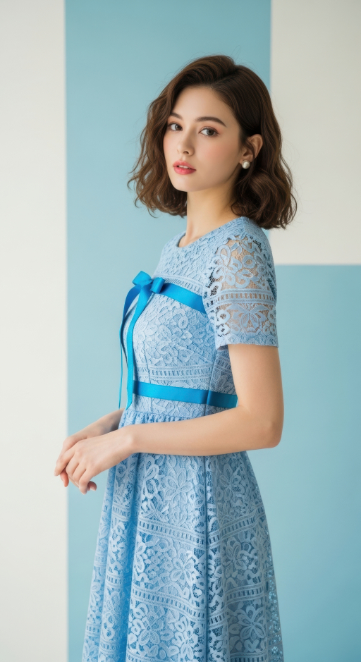 파란 레이스 드레스를 입은 젊은 여성