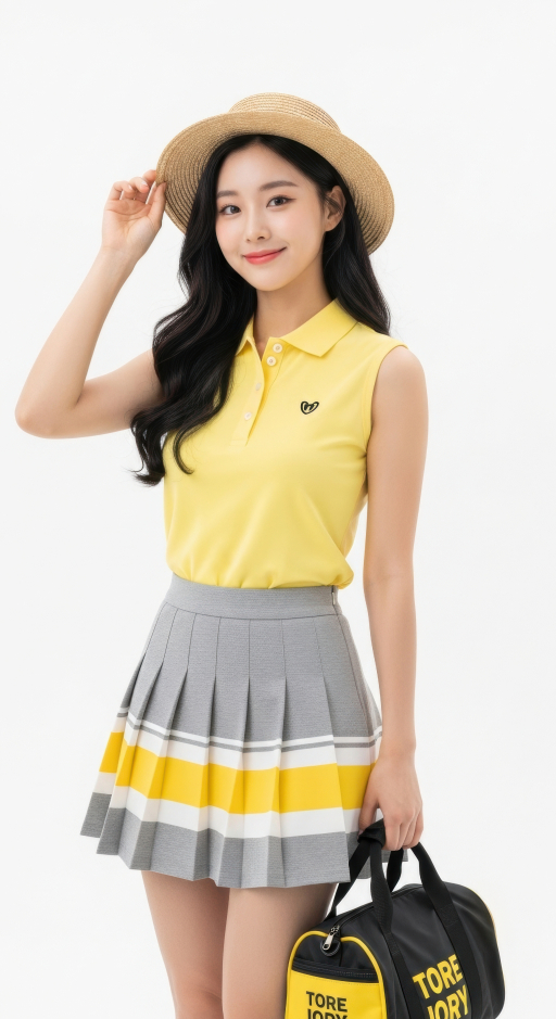 노란 폴로 셔츠와 주름 팬츠를 입은 젊은 여성.