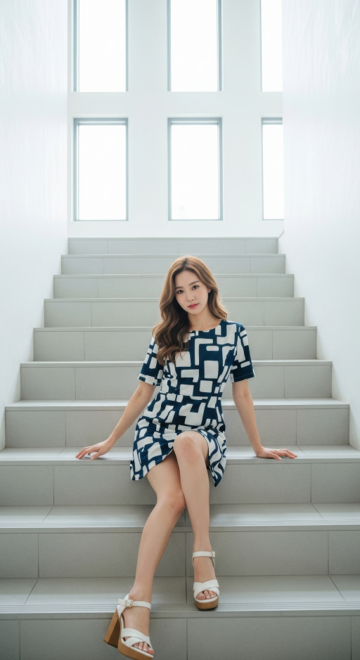 무늬가 있는 드레스를 입은 여자가 계단에 앉아 있다.