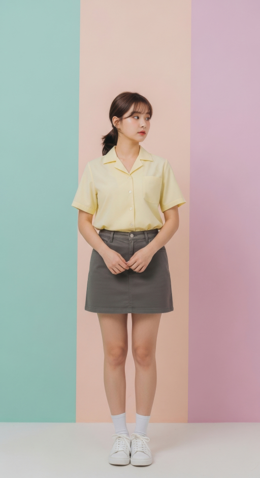 노란 셔츠를 입은 여성 배경이 화려함.