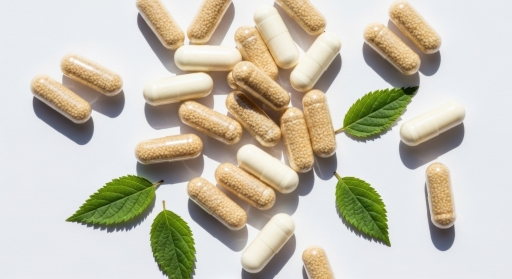 흰색 배경에 약과 잎