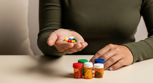 손에 약병을 들고 있는 손.