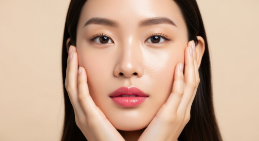 얼굴에 손을 댄 아름다운 여성