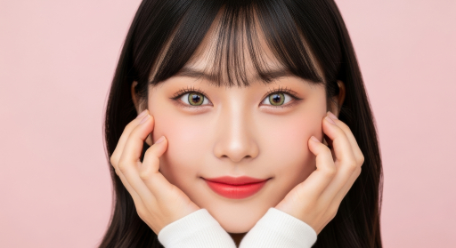 손으로 얼굴에 대고 있는 아름다운 여성