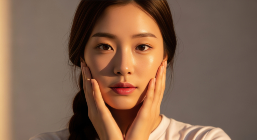 얼굴에 손을 얹은 젊은 여성