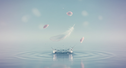 깃털과 꽃잎이 물에 떨어지는 모습,